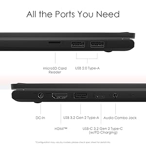 Man clutching a black Modern 14 laptop on-the-go, with a camera strapped to his neck