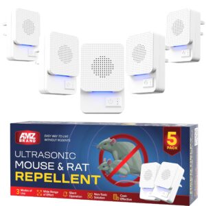 AMZ BRAND Ultrasonic Mouse Repellent 5 Pack - Indoor Rodent Repeller - 3 Modes of Operation - Plug-In Pest Repeller - Broad Frequency Range - Ideal for Mice and Rats - Safe to Use