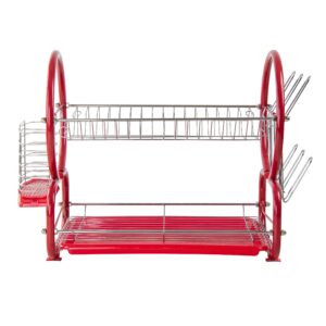 SQ Professional 2 Tier Dish Drainer Rack with Drip Tray (Red)