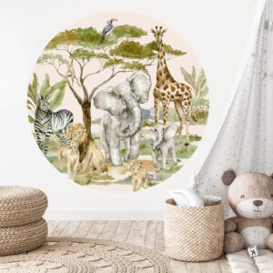 Large Jungle Animals Wall Stickers Baby Wall stickers for Nursery Safari Circle Wall Sticker Nursery Woodland Tree Wall Decor Elephant Giraffe Wall Art Decals for Kids Boys Girl Bedroom Playroom Deco