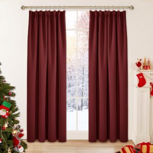 Deconovo Room Darkening Pencil Pleat Curtains Thermal Insulated Window Treatment Energy Efficiency Soft Pair Curtains Rod Pocket Blackout Curtains for Living Room 52 x 84 Inch Red Set of 2