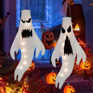 2 Pack Halloween Ghost Windsocks Hanging Decorations with LED Light