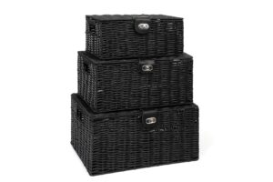 Arpan Set of 3 Resin Woven Storage Basket Box with Lid & Lock (Black)
