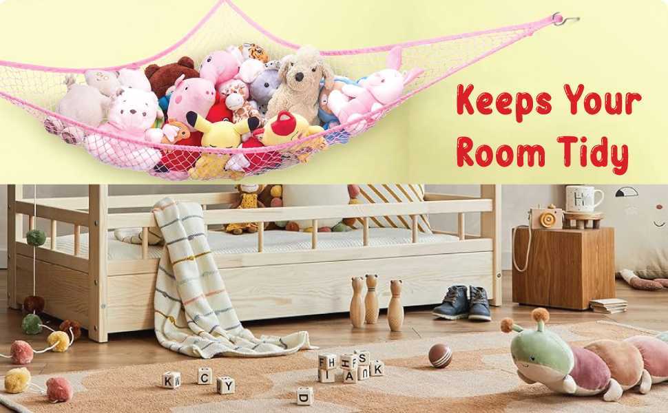 children room, red plush bear holder, cute teddy bear storage, nursery décor, stuffed animal, tidy