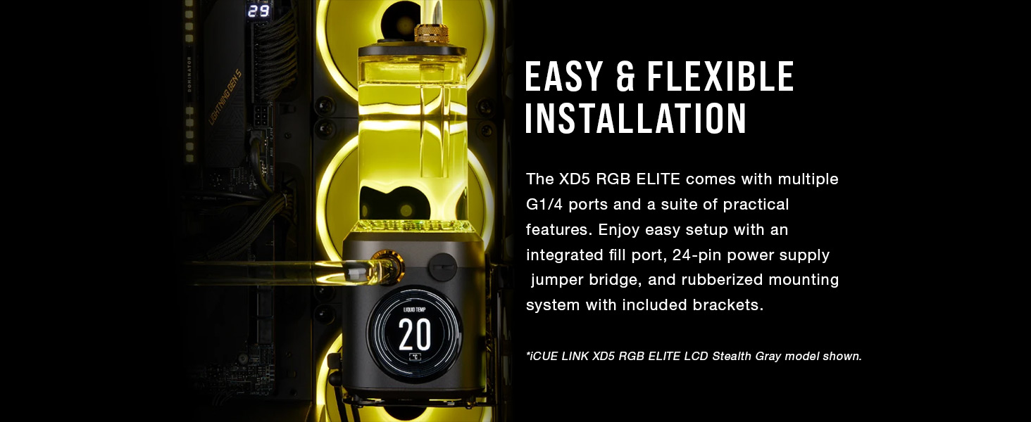 G1/4 ports, integrated fill port, RGB pump reservoir, RGB water cooling pump