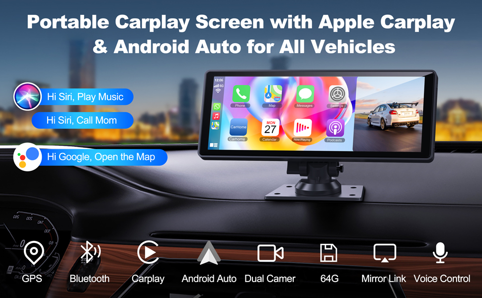10.26' Wireless Apple Carplay Screen with 4K Dash Cam - Portable Car Stereo