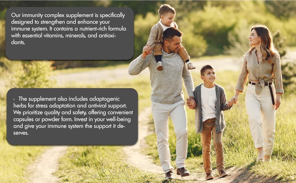 happy family walking in meadow with text saying stress adaptation and antiviral support