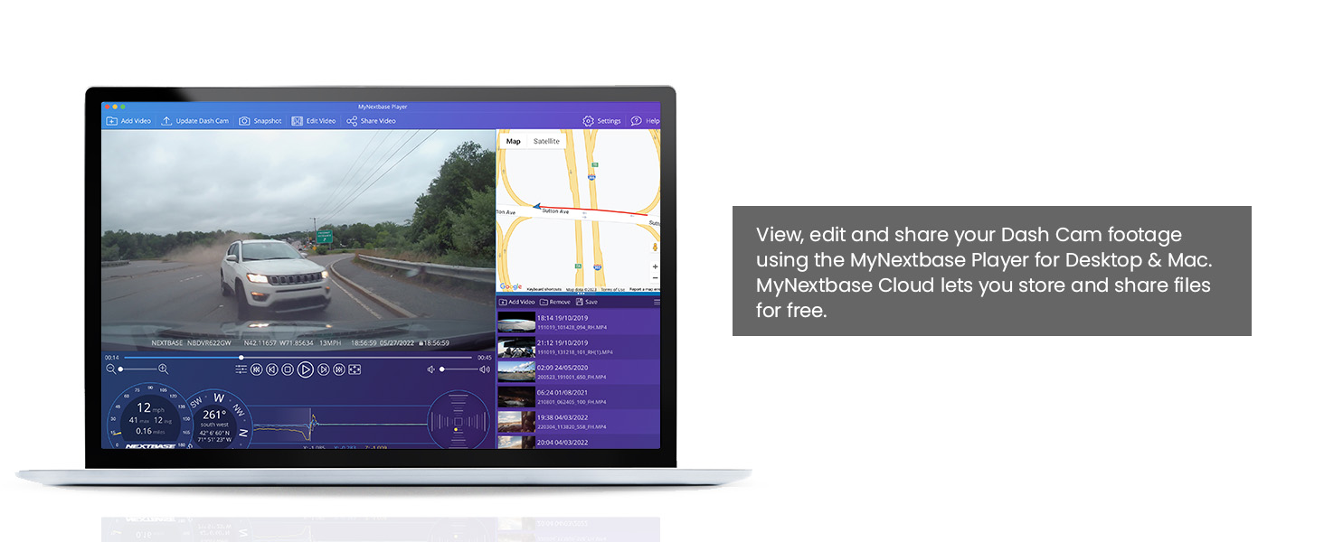 Laptop displaying split-screen interface with road view, map, and text overlay. Screen shows navigation and driving-related information.