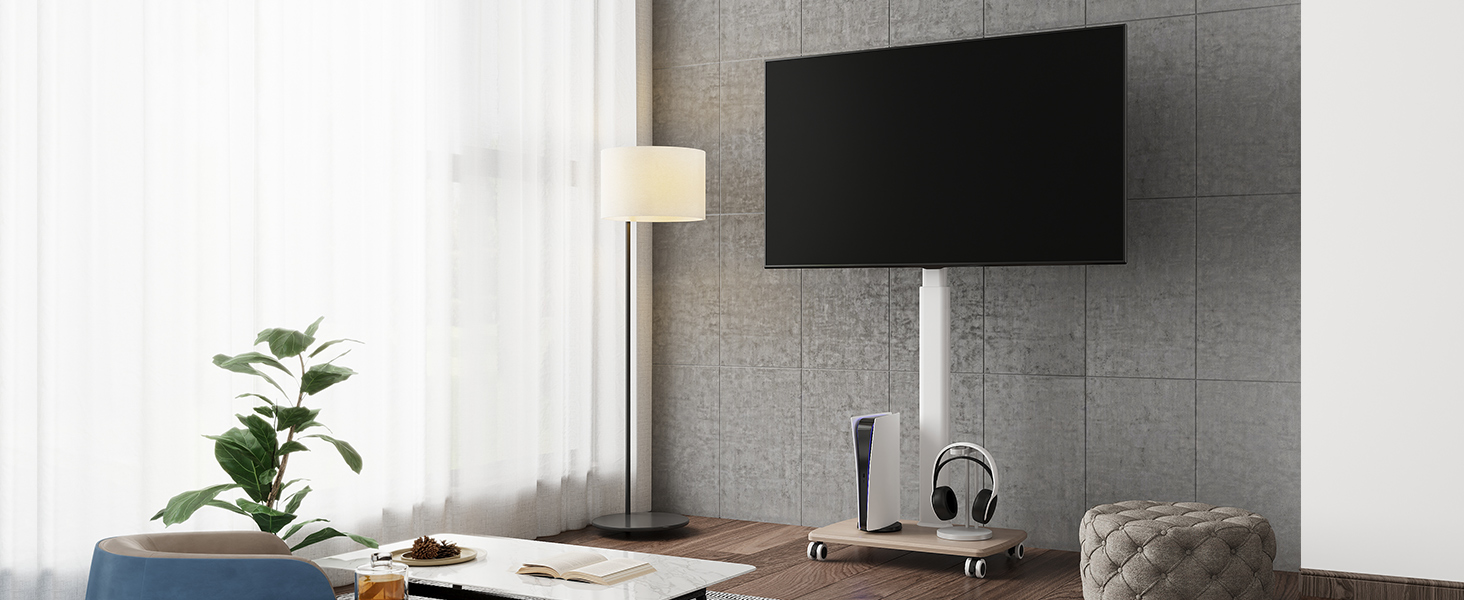 FITUEYES White TV Stand on Wheels Wood for 32 43 45 55 60 65 70 Inch TV, Mobile TV Cart Trolley