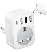 UK to European Plug Adapter with 4 USB Ports, FSTravelP Grounded European Travel Adapter with 3 U...