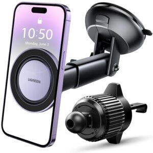 UGREEN Magnetic Car Phone Mount Compatible with MagSafe Car Mount - [2023 Upgraded] 3-in-1 Car Phone Holder Dashboard Windscreen Air Vent Compatible with MagSafe Case iPhone 15 14 13 12 Pro Max Mini