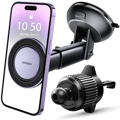 UGREEN Magnetic Car Phone Mount Compatible with MagSafe Car Mount - [2023 Upgraded] 3-in-1 Car Phone Holder Dashboard Windscreen Air Vent Compatible with MagSafe Case iPhone 15 14 13 12 Pro Max Mini