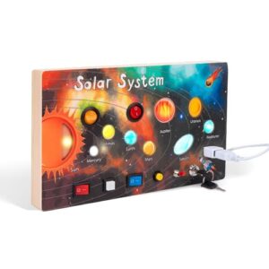 Wooden Busy Board for Toddler Solar System Switches Sensory Activity Board with Light Wooden Sensory Toys Montessori Busy Activity Board with Mini Screw Driver Tools for 3 4 6 Year Old Boys & Girls