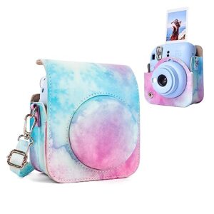 MUZIRI KINOKOO Case for Fujifilm Fuji Instax Mini 12/Polaroid Mini 12 Instant Camera - PU Leather Protective Case Cover Bag with Adjustable Shoulder Strap - Blue Pink Watercolo