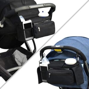 Bebamour Stroller Organiser and 2PCS Stroller Hooks Pram Bag Organizer Buggy Storage Bag with Detachable Pocket Mobile Phone Pocket Pushchair Organiser with Shoulder Strap Carry-On Handbag