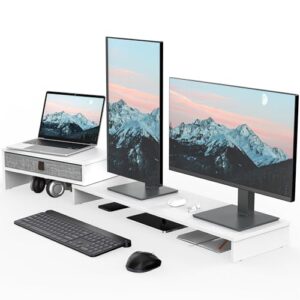 Fenge Dual Monitor Stand with Drawer Computer Monitor Stand Riser - 2 Shelf with Adjustable Length and Angle