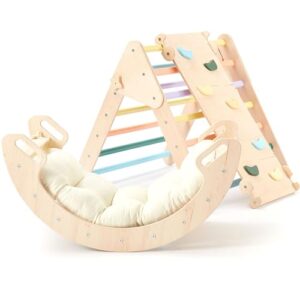 Pikler Triangle 3-Piece Wooden Climbing Frame for Toddlers 3 in 1 | Foldable Indoor Developmental Play Gym with Dual-Sided Ramp & Rocker Arch With Cushion | Montessori Inspired Structures