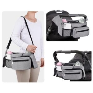 Bebamour Stroller Organiser and 2PCS Stroller Hooks Pram Bag Organizer Buggy Storage Bag with Detachable Pocket Mobile Phone Pocket Pushchair Organiser with Shoulder Strap Carry-On Handbag