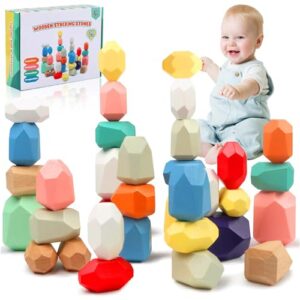 FOBGB 36 Piece Wooden Stacking Blocks - Montessori Toys Natural Wood Building Blocks for Toddlers 2-4 years Christmas Birthday Gifts