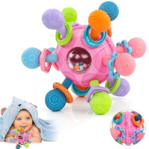 Baby Toys 0-6 Months Sensory Montessori Toys for Babies 6-12 Months Baby Rattle Toys 6 Months Christmas Teether Toy Shaker Grab Spin Newborn Toys Gift for 3 9 12 Month Babies Toddler Boys Girls(Pink)