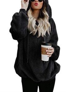 iWoo Teddy Fleece Sweatshirts Womens Casual Double Fuzzy Fluffy Hoodie Solid Color Warm Stylish 1/4 Zip Pullover With Pockets