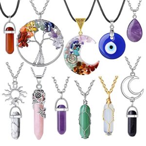 XIANNVXI 11Pcs Healing Crystal Necklaces Evil Eye Tree of Life Chakra Moon Sun Natural Gemstone Jewellery Necklace Amethyst Rose Quartz Obsidian Stone Pendant Necklaces for Wome