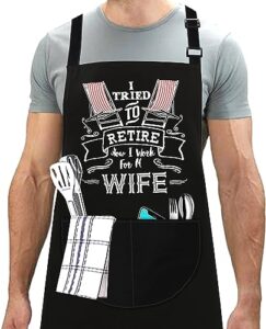 LINEN CLOSET® Adjustable Bbq Aprons for Men Women Funny Rude Chef Aprons Christmas Grilling Gifts for Dad Son Father Husband with 2 Pockets- I Tried to Retire Apro