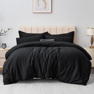 Aisbo Double Duvet Covers Set Black - 3Pcs Bedding Set Double Bed Soft Brushed Microfiber Quilt Cover with 2 Pillowcases