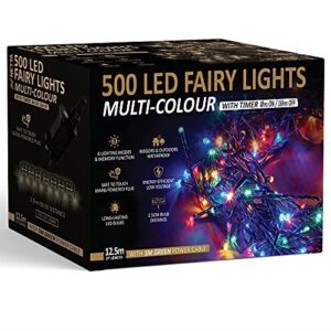 Christmas Tree Lights 500 LED 12.5m Multi-Colour - 2.5cm Bulb Distance Fairy String Lights Plug in with Timer and Memory Functions - Suitable for Outdoor/Indoor Use