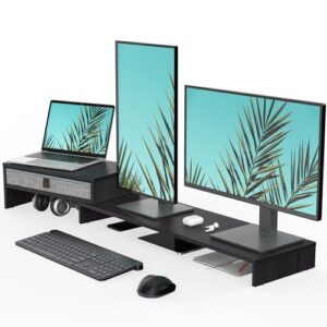 Fenge Dual Monitor Stand with Drawer Computer Monitor Stand Riser - 2 Shelf with Adjustable Length and Angle