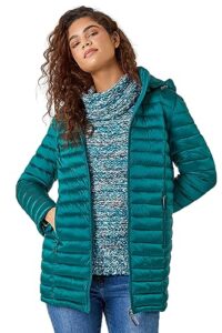 Roman Originals Women Padded Longline Coat with Hood - Ladies Zip Through Autumn Winter Long Length Lightweight Quilted Warm Cosy Everyday Zip Up Casual Jackets Coats