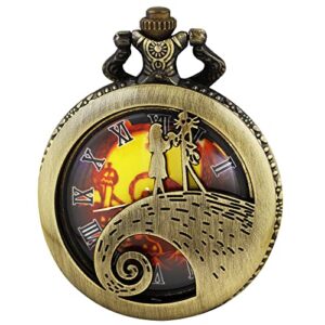 Pocket Watch Tim Burton's Nightmare Before Christmas Arabic Numerals Quartz Pocket Watch Chain for Men Birthday Christmas Halloween Gifts