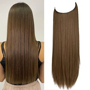 OMGREAT Synthetic Halo Hair Extensions Light Chestnut Brown Long Straight Hairpieces 22 Inch 4.4 Oz Secret Wire Headband for Women Heat Resistant Fiber No Clip