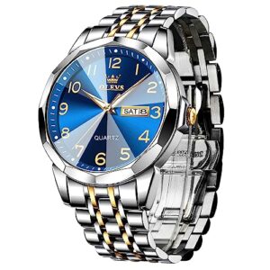 OLEVS Watches for Men Stainless Steel Analog Quartz Waterproof Luminous Luxury Dress Date Diamond Business Casual Mens Wrist Watch（Gold/Blue/Black/White Dial）