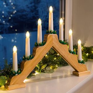 Christmas Candle Bridge Light 7 LED Battery Operated Wooden Decoration (Natural)