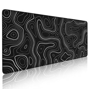 Glittery Garden Minimalist Topographic Map Mouse Pad - Contour Extended Large Stitch Edge Mousepad. Black & White Non-Slip XXL Gaming Desk Ma
