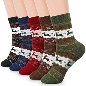 Airabc Thermal Winter Women Socks 5 Pairs Wool Warm Knitting Ladies Socks Vintage Style Soft Cotton Thick Woman Bed Sock Multicoloured for Home Office School Hiking