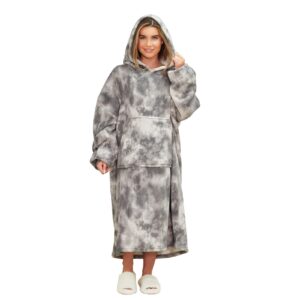 Dreamscene Extra-Long Tie Dye Oversized Hoodie Blanket Sweatshirt Soft Sherpa Heart Fleece Throw Cosy Wearable Hooded Blanket Big Jumper - Charcoal