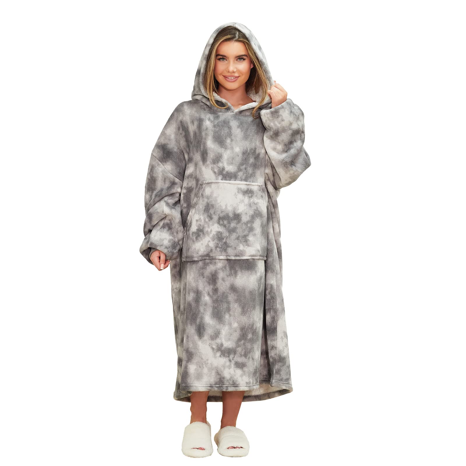 Dreamscene Extra-Long Tie Dye Oversized Hoodie Blanket Sweatshirt Soft Sherpa Heart Fleece Throw Cosy Wearable Hooded Blanket Big Jumper - Charcoal