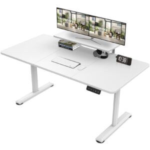 TRIUMPHKEY 160x70cm Large Height Adjustable Standing Desk with Monitor Shelves Height Adjustable Electric Standing Desk Storage Shelf Height Adjustable Desk Home Office Splice Board White