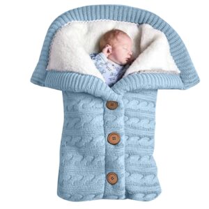 Momolaa Newborn Baby Swaddle Wrap Infant Winter Warm Knitted Swaddle Baby Boys Girls Blanket Sleeping Bag (Light Blue)