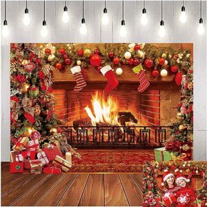 Christmas Photo Backdrop Xmas Fireplace Decoration 7x5FT Vintage Xmas Tree Sock Gifts Photography Background for Family Kids Portrait Photo Booth Props