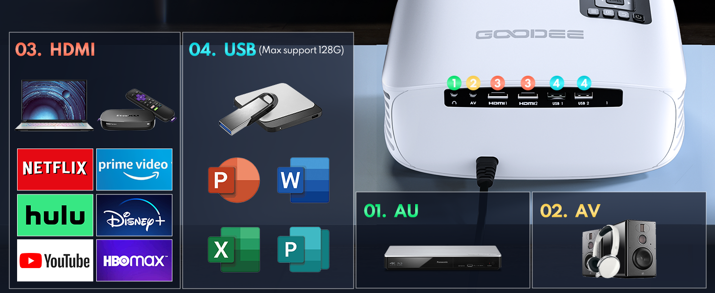 There are 2 HDMI, 2 USB, one AV and one AU ports for expansion.