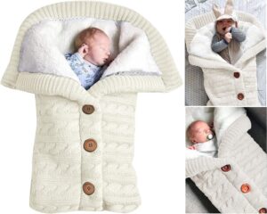 Momolaa Newborn Baby Swaddle Wrap Infant Winter Warm Knitted Swaddle Baby Boys Girls Blanket Sleeping Bag (White)