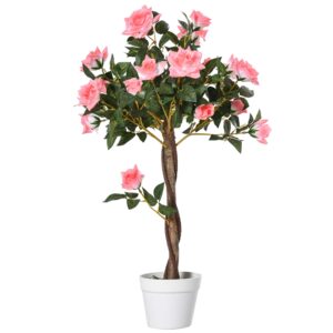 Outsunny 90cm/3FT Artificial Rose Tree Fake Decorative Plant w/ 21 Flowers Pot Indoor Outdoor Faux Decoration Home Office Décor Pink & Gree