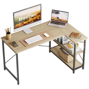 Bestier L Shaped Desk Small Corner Desk with Shelves 120CM Reversible Computer Desk Writing Table with Bookshelf for Home Office Small Space