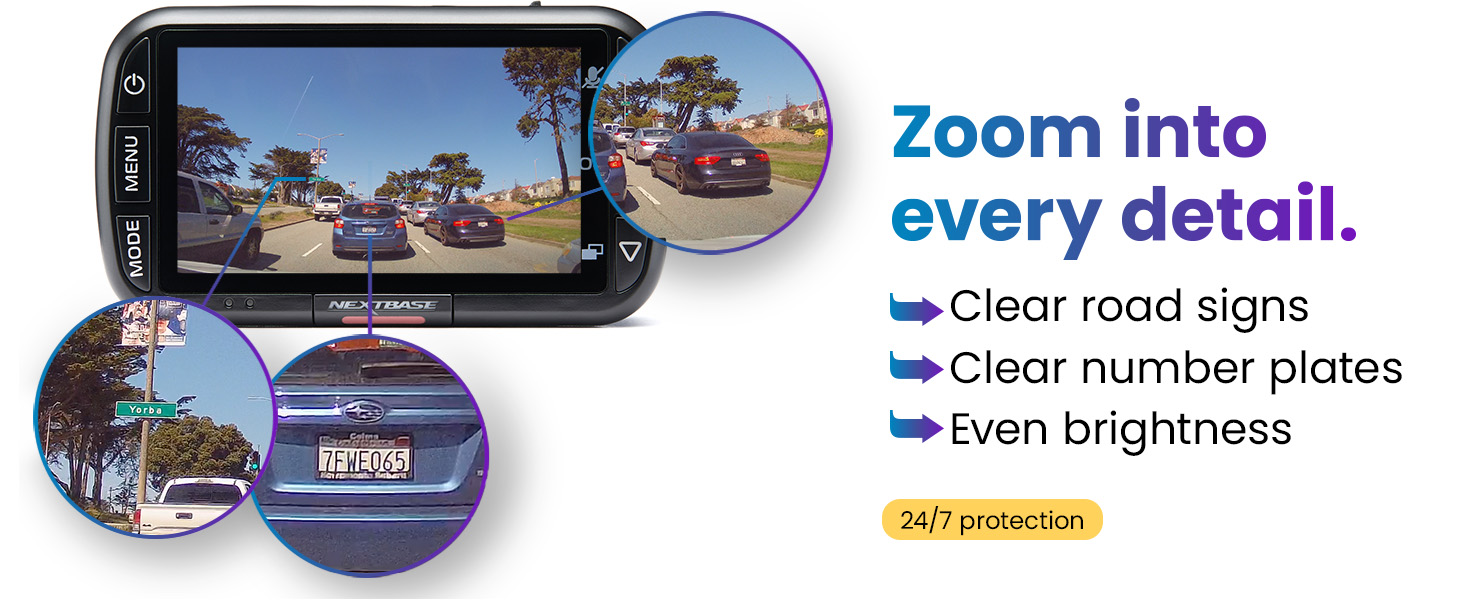 Dashboard camera product image highlighting zoom capability. Shows clear road signs, number plates, and even brightness in various driving scenarios.