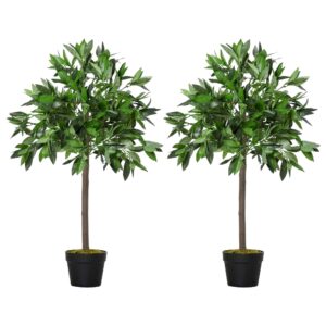Outsunny Set Of 2 90cm/3FT Artificial Bay Laurel Topiary Trees w/Pot Fake Indoor Outdoor Greenery Plant Home Office Garden Decor Gree