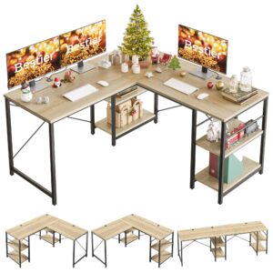 Bestier L Shaped Desk with Shelves Reversible Corner Desk 240CM Industrial Long Table Stable Desk L Shape Computer Workstation with 3 Cable Holes