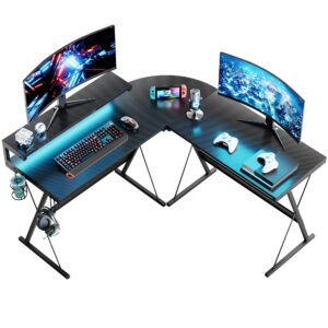 Bestier L Shaped Gaming Desk 140CM Computer Desk with LED Lights Corner Desk with Cup Holder and Headphone Hook Modern Workstation Ergonomic for Home Office
